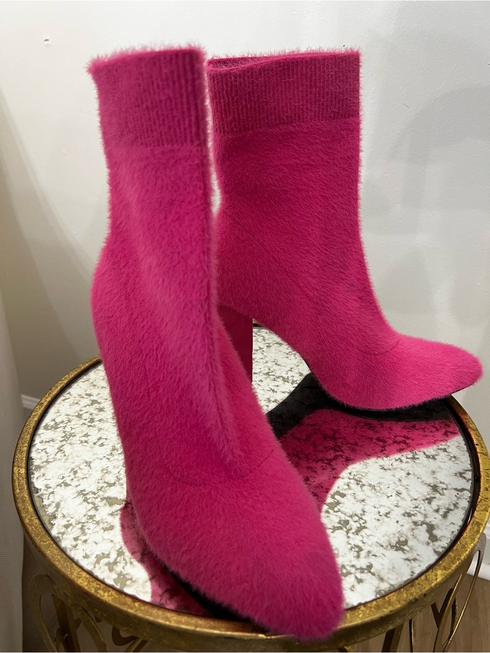 Fuchsia Knit Sock Ankle Boots with Pointed Toe
